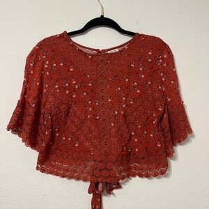 Thread Market‎ Floral Crochet Lace Tie Back Boho Crop Top Rust Orange M cottage